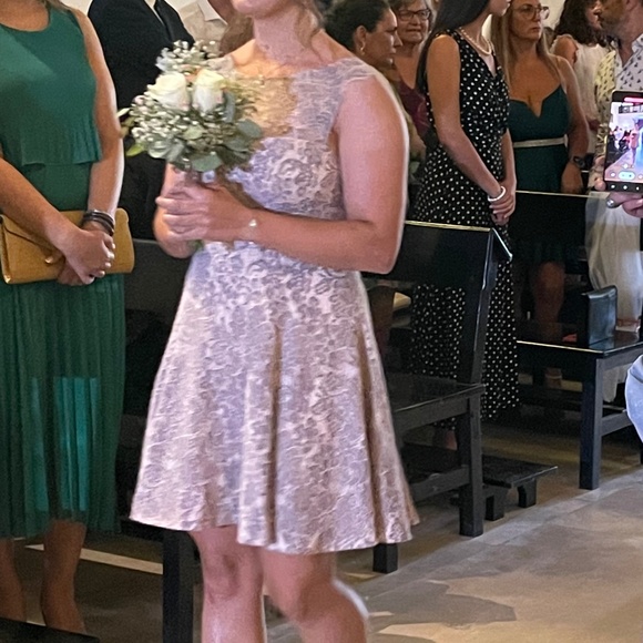 Eliza J Lavender/Grey with Tan Bodice Lace Cocktail Wedding Dress, EUC - Picture 1 of 8